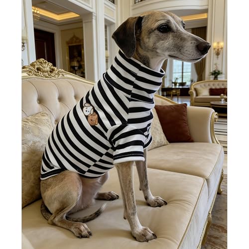 Turtleneck Dog Shirt Cute Doggie Embroidery Super Soft Dog Sweatshirt Stretchy Striped Puppy Pullover for Cats Small Medium Large Dogs (Black Striped / 6X-Large)