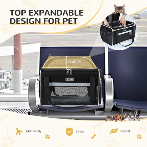 Top Expandable Pet Carrier 17x11x9.5 Inch Alaska Hawaiian Airline Approved Soft Sided Underseat to 12lbs Travel Carriers for Small Dogs and Cats with Locking Safety Zippers Anti (Black)