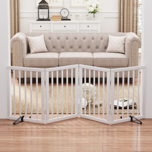 37 74" Wide Dog Gate 4 Panel Dog Gates for Stair Doorways House Indoor Freestanding Pet Gates for Dogs (Bamboo Dog Gate White / 4 Panel - 74 inches Wide)