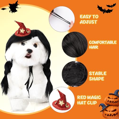Dog Costume Long Black BraidHair with Small Red Wizard Hat Styling CuteFunny Pet Hair Accessories Decoration forHalloween (braid)