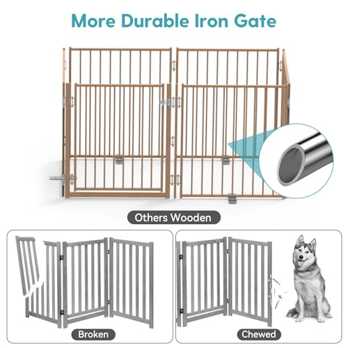 Freestanding Dog Gate with Door for Indoor & Outdoor (Brown / 【6 Panels with Door】156"W×30"H)
