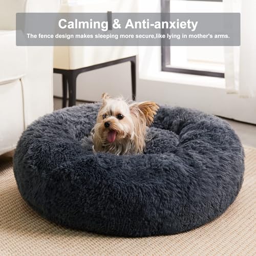 Medium Round Calming Dog Bed Cat Bed for Comfy Sleep (30"L x 30"W x 10"Th / Navy Grey)
