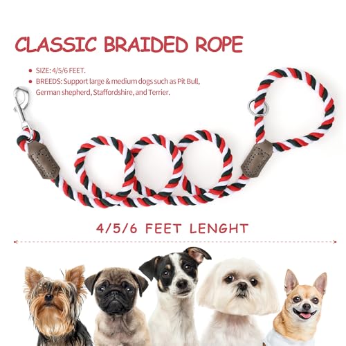 Rainbow Dog Leash Braided Cotton Rope w Leather (Red/Green / 60 Inch-1/2")