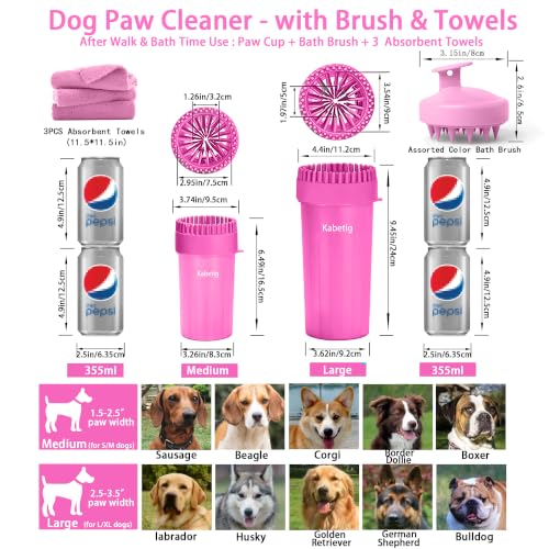 Dog Paw Cleaner Cup with Detachable Top Brush for Large & XL Dogs (Large(3Towels&Brush) / Pink)
