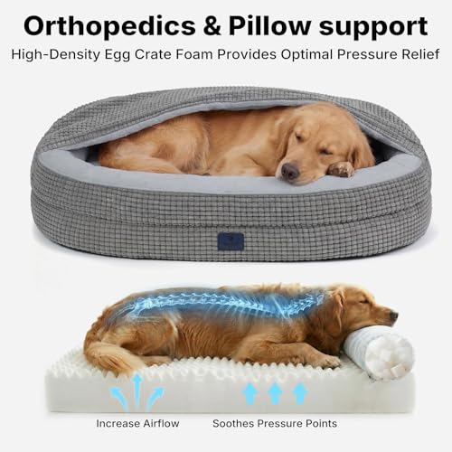 2-in-1 Dog Cave Bed with Cover, Covered Dog Bed for Large Dogs (Gray / 48"L x 35"W x8"Th)
