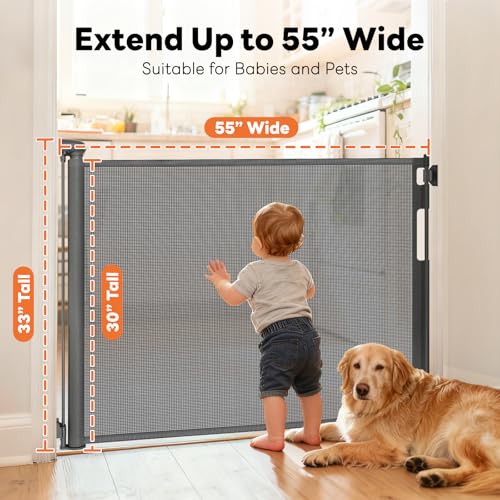 Retractable Baby Gates for Doorways (Gray / 33'' Tall X 55'' Wide)