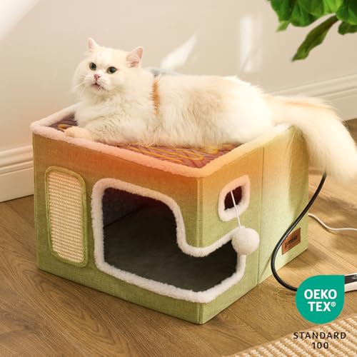 Heated Cat House Bed for Indoor Cats (Grey / Large)