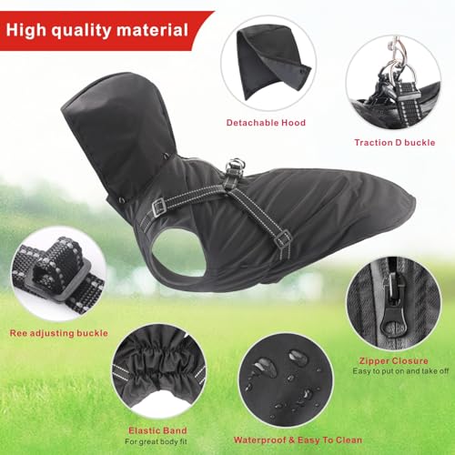 Dog Raincoat Waterproof Dog Hoodie Reflective Dog Raincoat Hooded Adjustable Rain Jacket for Small Medium Large Dogs Puppies (M / Black)