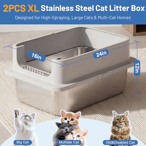 2 Pack XL Stainless Steel Cat Litter Box with Lid and High Sides (X-Large)