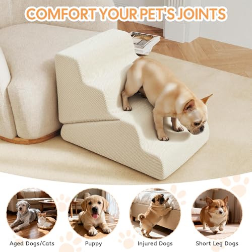 Dog Ramp for Bed (Beige / Extra Wide 3 Step)
