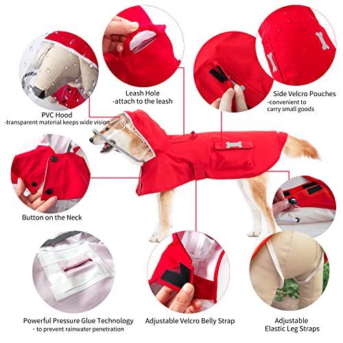 Dog Raincoat Waterproof Rain Poncho with Hoodie (Medium: 13-22lbs / Red)