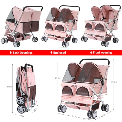 Double Pet Stroller for 2 Small Dogs & Cats (Pink)
