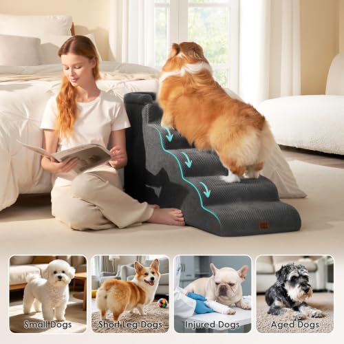 5 Step Curved Dog Stairs for High Beds 20.7" H (Grey / 35.4"l X 15.7"w X 22.7"h)