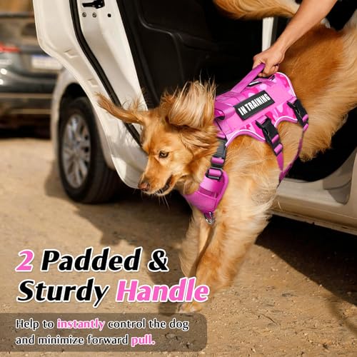 Escape Proof Dog Harness with Double Handle+4 Removable Patches (Medium / Camo Pink)