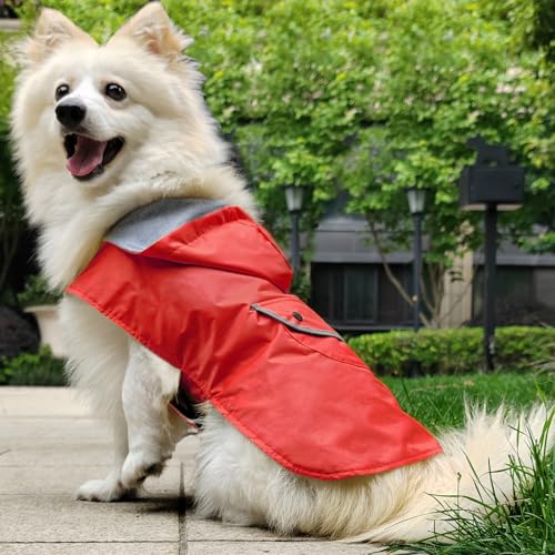 Dog Raincoat Dogs Rain Jacket for Puppy Small Dogs Waterproof Pet Clothes Reflective Poncho Rainwear Breathable Lined Pocket Hooded Leash Hole Adjustable (Red / S:Back Length 8.6")