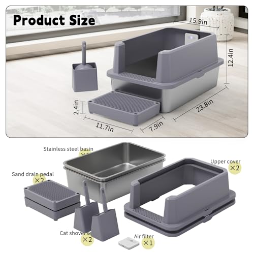 Stainless Steel Litter Box (Gray with Deodorizer, 2 Pack)