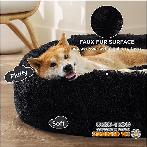 Calming Dog Bed Medium Size Dog Donut Washable Pet Bed (30"L x 30"W x 8"Th / Black)