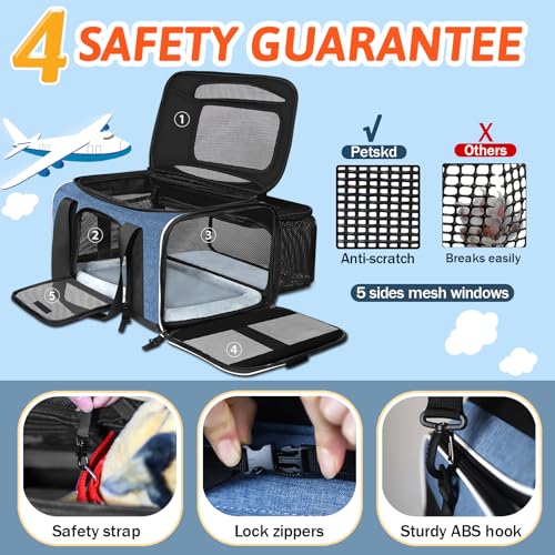 Top & Side Expandable Small Pet Carrier with Wheels Airline Approved (Blue with Wheels / 18.0"L x 13.0"W x 9.5"H)