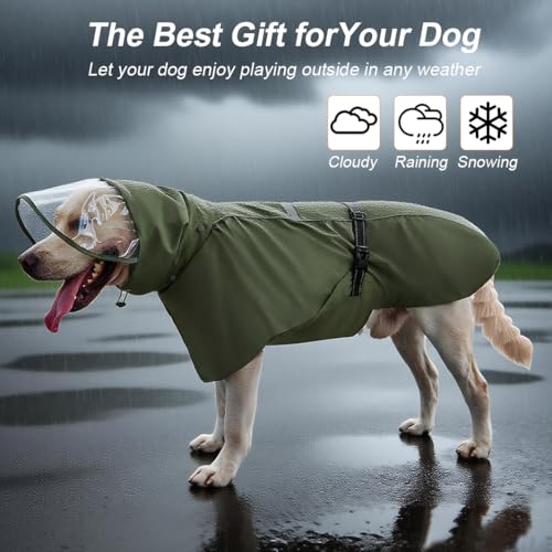 Pet Dog Raincoat Jacket Large Dog Rain Poncho with Transparent Hood (Army Green / L-Fit for 6-12 lbs)
