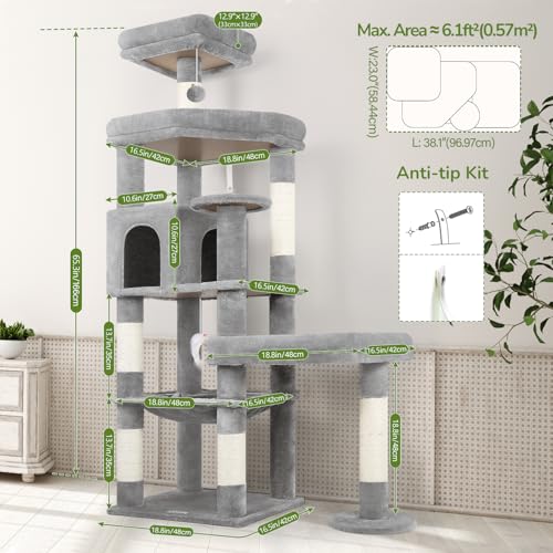 65in Sturdy Cat Tree Tower for Indoor Large Cat (65inch / Light Grey)