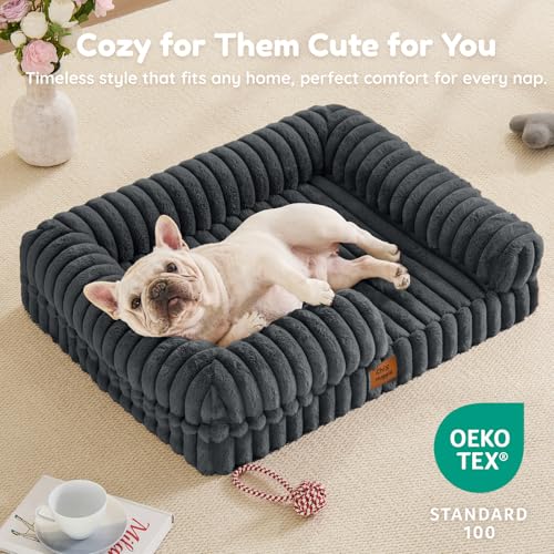 Faux Fur Orthopedic Dog Bolster Bed (Rectangular Dark Grey / M(30*24*7))