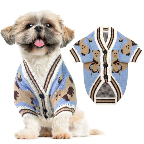 Small Dog Sweaters Cute Bear Dog Cardigans Clothes for Small Medium Dogs Boy Girl Puppy Cat Knitting Cardigan Outfits Dogs Winter Coats Warm Pet Doggy Clothes Soft Knitwear Apparel (Blue / Small)