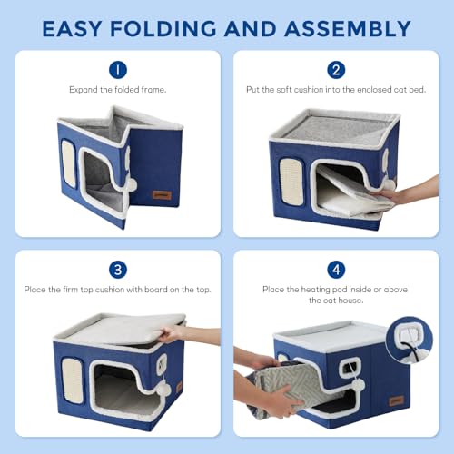 Heated Cat House Bed for Indoor Cats (Navy / Large)