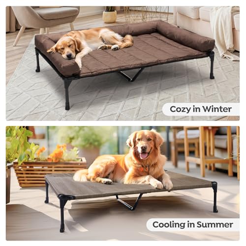 Outdoor Elevated Dog Bed with Waterproof Bolster Cushion (Brown / 49.0"L x 33.0"W x 9.0"Th)
