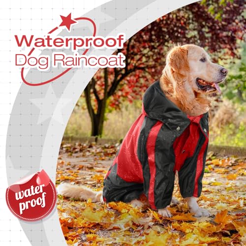 Dog Raincoat 4 Leg Waterproof Dog Rain Jacket with Hood (Red / Large)