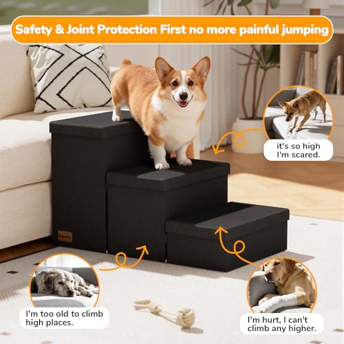 3 Step Wide Dog Stairs with Storage 18" H (Black / 30"D x 17"W x 17.7"H)