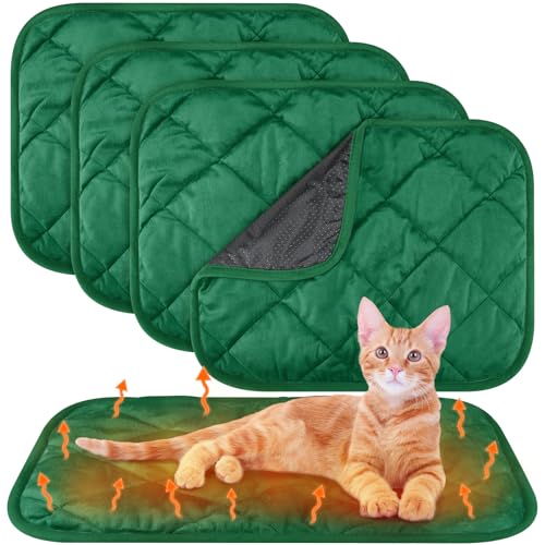 4 Pack Self Heating Cat Pad Self Warming Dog Mat Reflects Body Heat Extra Warm Thermal Pet Pad Washable Dog Cat Bed Crate Bed Mat Blanket (16 x 20 Inch / Dark Green)