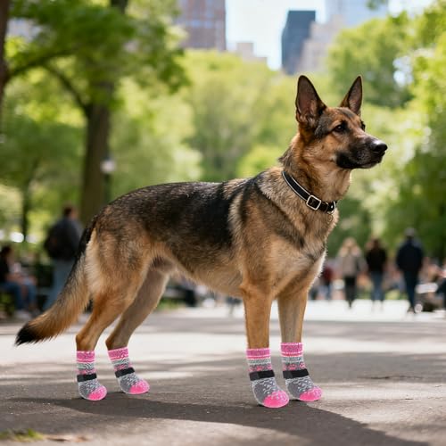 Dog Socks to Prevent Licking Paws for Hardwood Floors Anti Slip (Pink Ornamentation / Large (4 Pack))