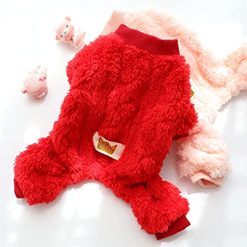 Plush Dog Pajamas for Cold Weather 4 Legged Clothes for Dog Cat Stretchy Puppy Kitten Onesie with Buttons Warm Soft Pet Jumpsuit Winter Coat Red Small (Small / Christmas Red)