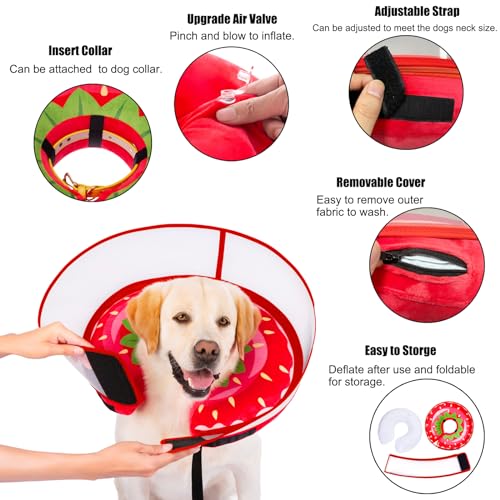 Inflatable Dog Cone Collar for Large Medium Small Dogs (Strawberry / Large)