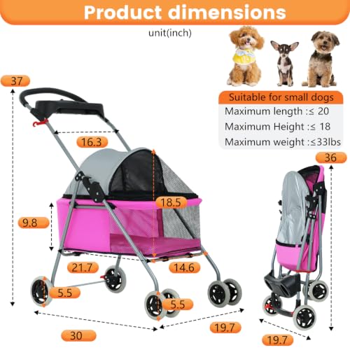 Foldable Pet Stroller for Small (Pink)