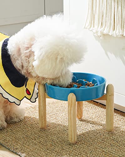 Ceramic Slow Feeder Dog Bowls for Small and Medium Breed (Vortex Blue+Stand / M-1.5 Cups)
