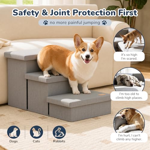 3 Step Dog Stairs for Large Dogs with Storage 18" H (Light Grey / 30"D x 17"W x 17.7"H)