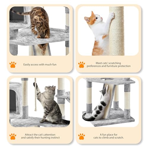 79in Multi Level Cat Tree for Multiple Cats with 9 sisal Posts (Light Gray)