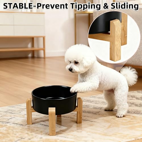 Elevated Raised Ceramic Dog Bowl with Bamboo Stand (Black / Medium)