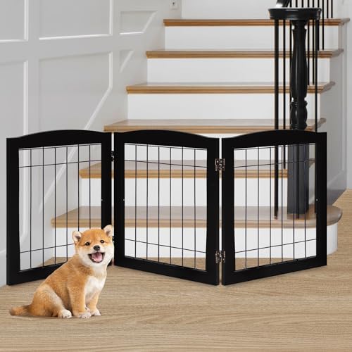 3 Panel Freestanding Foldable Wooden Dog Gate (24"Height-3 Panel / Black)