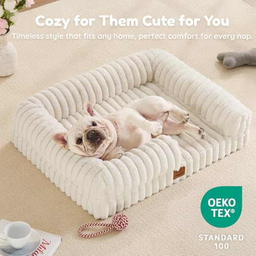 Faux Fur Orthopedic Dog Bolster Bed (Rectangular Cream / M(30*24*7))