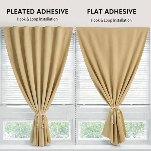 Magic Tape Stick on Curtains Blackout Curtains for Bedroom no Drillng Self Adhesive Curtain no Rod Small Window (Beige / 59"W x 59"L (Pack of 2))
