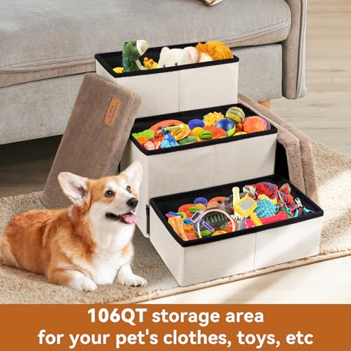 Dog Stairs with Storage Khaki Furry Lids 3 Steps Dog Ramp no Condo (Khaki Furry Lid No Condo / 3)