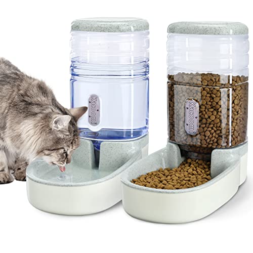 Automatic Dog Cat Feeder and Water Dispenser Gravity Food Feeder and Waterer Set with Pet Food Bowl for Small Medium Dog Puppy Kitten (Grey)