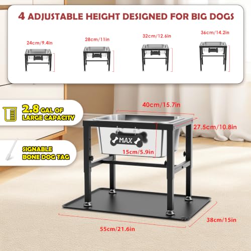 2.8 Gallon Elevated Large Dog Water Bowl with Spill (Black-2.8 gal & mat / Height: 9.4-14.2")