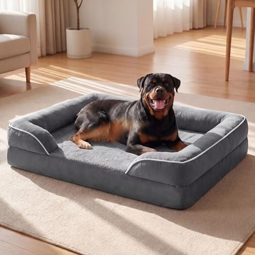 Waterproof Orthopedic Dog Bed for Extra Large Dogs with Bolster (Grey / XXL Wide (48"x35" - 3.5" Thick))