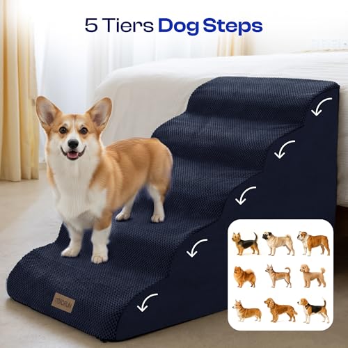 Extra Wide Dog Stairs for Large Dogs (Dark Blue / Stairs- 25"H)