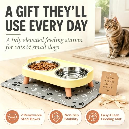 Elevated Dog Bowls with Mat (Yellow)