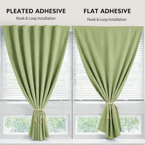 Magic Tape Stick on Curtains Blackout Curtains for Bedroom no Drillng Self Adhesive Curtain no Rod Small Window (Green / 59"W x 79"L (Pack of 2))