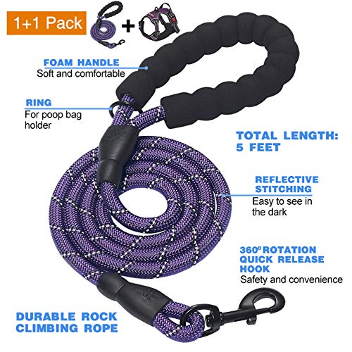 No Pull Dog Harness Adjustable Reflective Oxford Easy Control Medium Large Dog Harness with A Free Heavy Duty 5ft Dog Leash (Purple / X-Large)